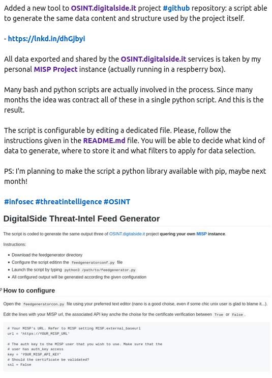 For anyone interested in how to create a data repository similar to OSINT.digitalside.it using their own <a href="/MISPProject/">MISP (@misp@misp-community.org)</a> instance.
github.com/davidonzo/Thre…
#infosec #threatintelligence #osint #misp