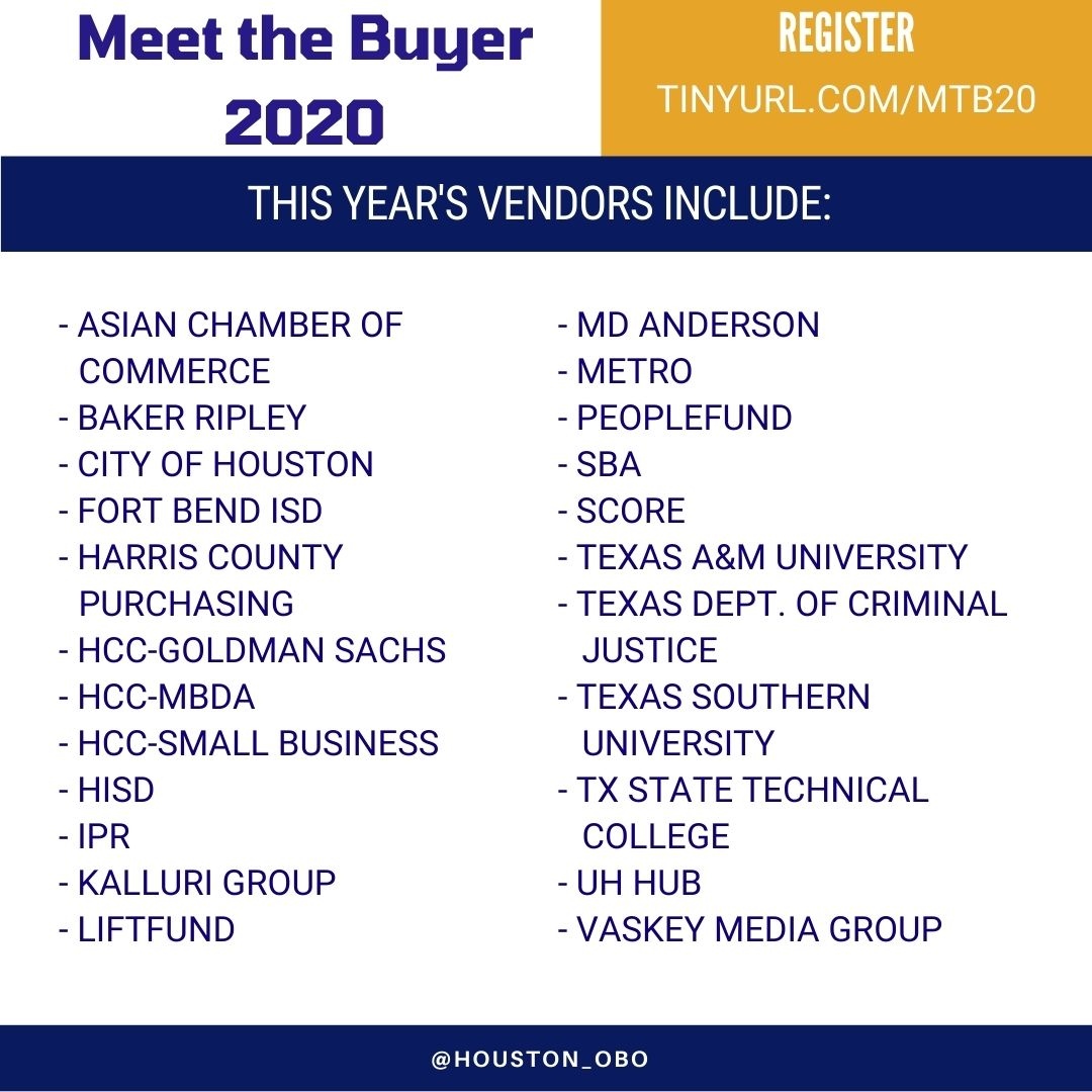 HoustonOBO's tweet photo. Meet the Buyer is only 9 days away and we are looking forward to hosting this amazing event. Register with the link in bio to make sure you don't miss out. View our full list at https://t.co/3xdUbFNpqF.

#houstonobo #meetthebuyer2020 #MTB2020 #procurement #mbe #smallbusiness https://t.co/RGSpeORcZE