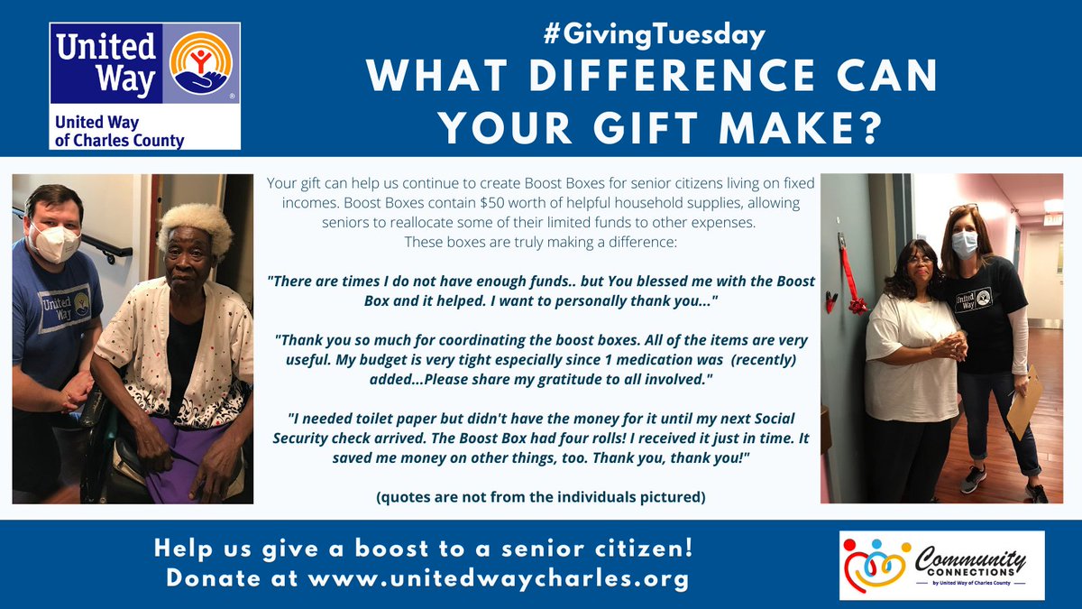 Senior citizens living on fixed incomes during this pandemic are unable to safely access many resources. Our Boost Boxes are delivering resources directly to them, and it is making a difference! Join us in giving a boost to seniors by donating at unitedwaycharles.org