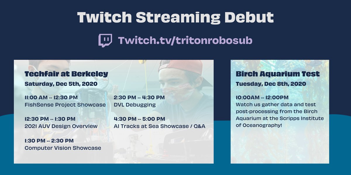 Come check out our streaming debut this Saturday, Dec 5th! More details below.

#twitch #livestream #streaming #birchaquarium #berkeley #techfair #ucsd #sandiego #tritons #gotritons #tritonrobosub #robosub #research #ocean #oceanography #data #marinescience #robotics #engineering