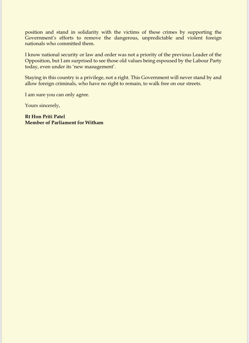 pritipatel's tweet photo. Tomorrow, we are hoping to deport a number of foreign national offenders from our country. 

I have replied to the @UKLabour MPs who are trying to stop this flight. https://t.co/QxvulJvphf