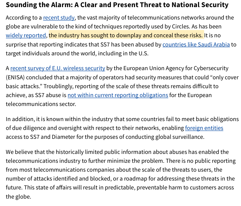 (6)  #SS7 vulnerabilities are well known. But governments = glacial. Keep getting captured by telco lobbyists. Result? Our texts, calls and phone locations are vulnerable to anyone who with a checkbook.