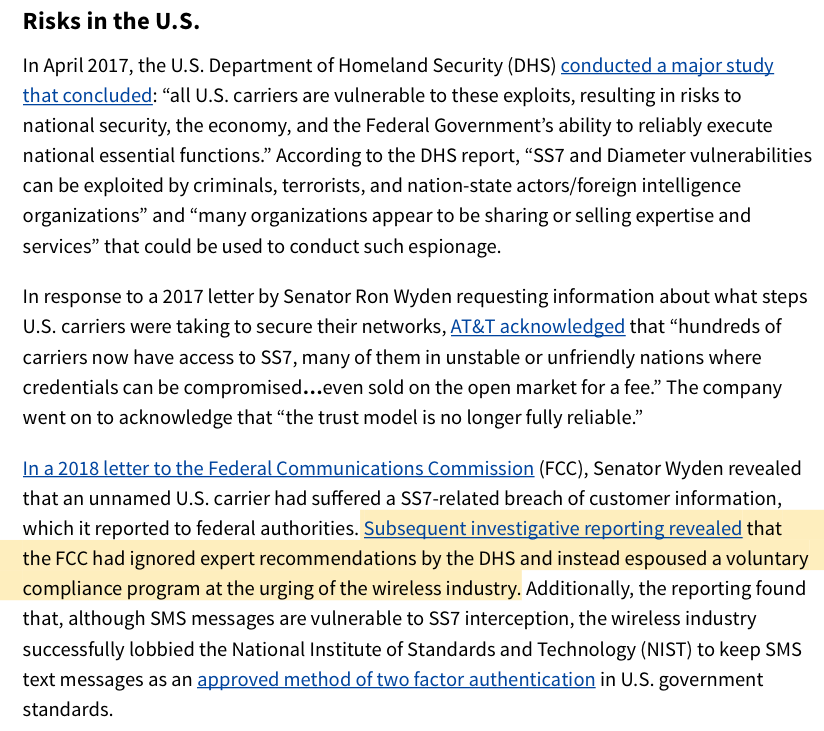 (8) US on the other hand: bad look.  @DHS found  @att  @TMobile  @Verizon vulnerable. But  @FCC &  @AjitPaiFCC sidestepped DHS recommendations & gifted telcos voluntary standards. Failing even so....