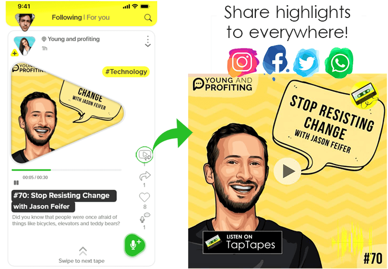 taptapes's tweet photo. It's Ready! Instant, One-Click video highlights are now available on TapTapes, For Free! Finally, both podcasters and listeners can share their favorite part of the podcast episode! https://t.co/EoZtWn1dW6