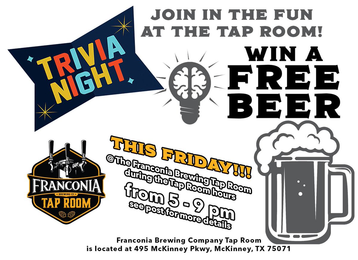 YOU COULD WIN A FREE BEER 🍻🍻🍻 at our Trivia Night!
Don’t miss out on the fun of our Trivia Night at the Tap Room this Friday night from 5-9pm.

See post for details @franconiabrewing instagram.com/p/CIQ7DzTl8bQ/…