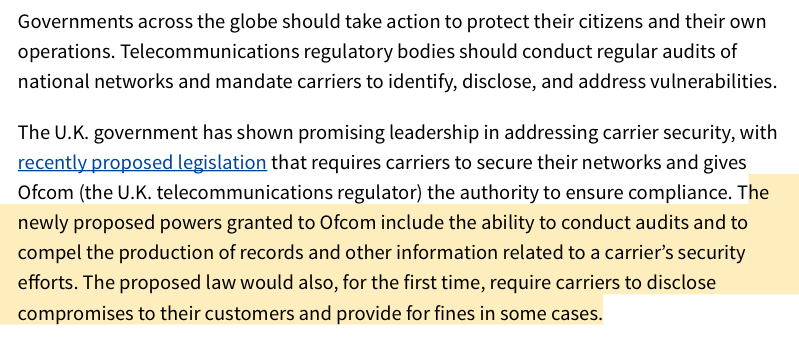 (7) UK  @Ofcom showing some leadership. Looks like: mandatory audits of Telcos, compelled notification & more.