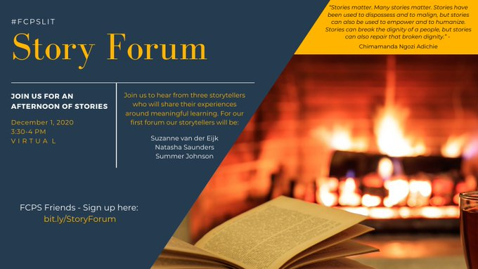 scholarcation's tweet photo. A little over an hour until our first Story Forum - still time to sign up. Join us! 
December 1, 2020
3:30-4 PM - V I R T U A  L. 
FCPS Friends - Sign up here: 
https://t.co/QI2SYXCreT
#fcpsLIT #FCPSsbts https://t.co/dK76WzG2vr