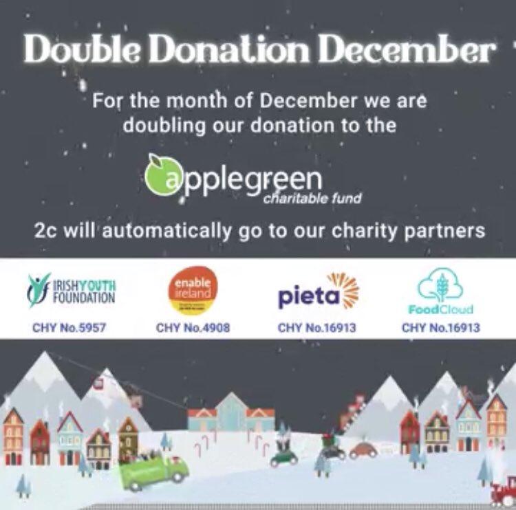 AGiffney's tweet photo. We are delighted to announce Double Donation December starts today at @goapplegreen. 
Every purchase made in-store during December, a double donation will be given to our charity partners at no extra cost to our customers. You buy, we give #charity #philanthropy #community #CSR https://t.co/IJcTqAGpiS