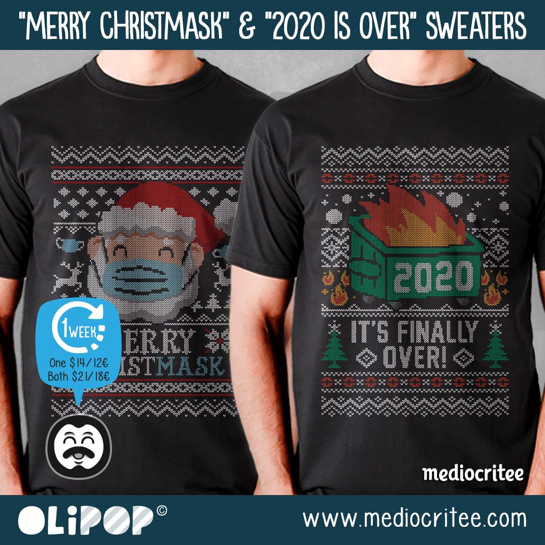 OliPopArt's tweet photo. Now on sale my designs “Merry Christmask” and “2020 is Over” ugly christmas sweaters, available 1 week at @_mediocritee 😃 Buy one for just $14/12€ or both for $21/18€ 🎅🏻🎄👕
——
https://t.co/vqUSuF5sww
——
#olipop #olipopart #mediocritee #tshirts #tees #hoodies #apparel https://t.co/wGkd82bzTx