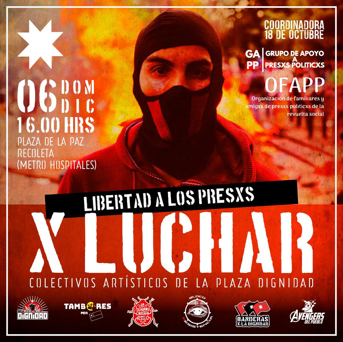 El_Ciudadano's tweet photo. Domingo 6 de diciembre, 16 horas, Plaza de La Paz (Metro Hospitales)
Libertad a los Presxs por Luchar
Colectivos artísticos de la Plaza Dignidad
#Coordinadora18deoctubre #OFAPP #presospolíticos #grupodeapoyoapresospoliticos
#InfelizCumpleañosCTM #SegundoRetiroDel10 https://t.co/GmmZ2XATvE
