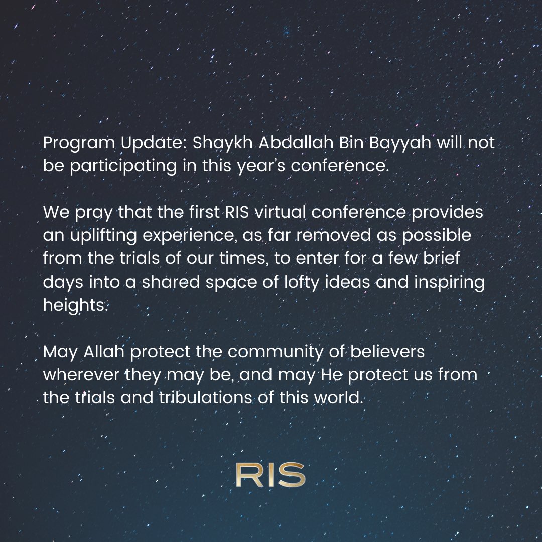 risconvention's tweet photo. Program Update: Shaykh Abdallah Bin Bayyah will not be participating in this year’s conference. https://t.co/jOhssiz27E
