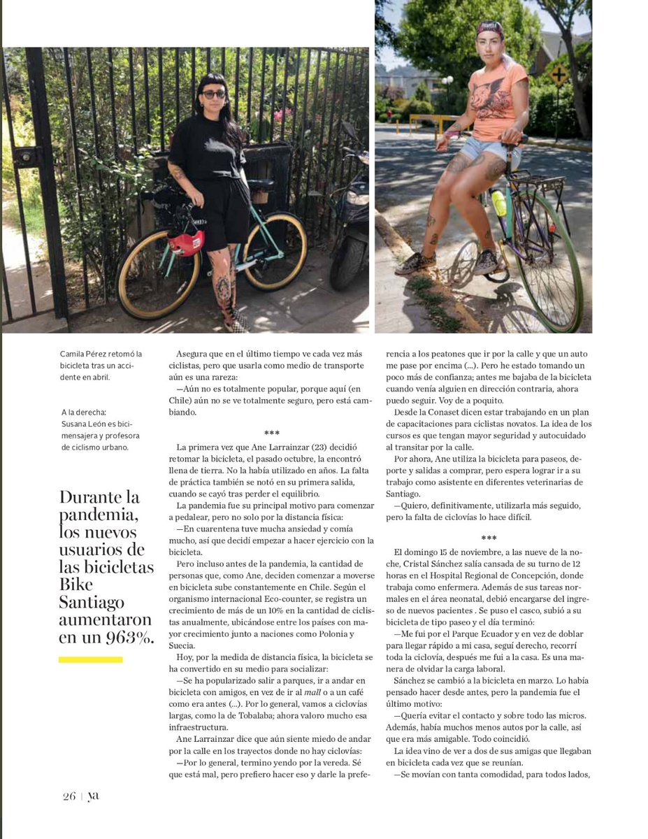 "El resurgir de las ciclistas: En Chile, cada año la cantidad de ciclistas aumenta sobre un 10%. Este año, la recomendación de la OMS de utilizar la bicicleta durante la pandemia como medio de transporte ha impulsado su uso a nivel mundial". ¿Qué te parece? En la <a href="/Revista_Ya/">Revista Ya</a>🚵‍♀️