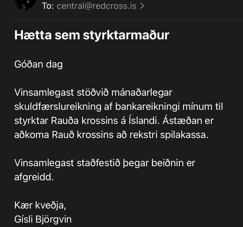 Í dag hætti ég sem styrktarmaður <a href="/raudikrossinn/">Rauði krossinn - Icelandic Red Cross</a>. Þeim litlu peningum sem ég ver í styrki er betur varið annars staðar. 

Spilakassar hvorki bæta né efla íslenskt samfélag.

“Á Íslandi miðast starf Rauða krossins að því að bæta og efla íslenskt samfélag [...]”