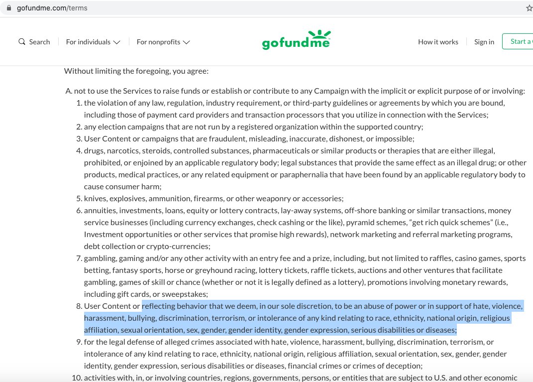 In fundraising for a purposefully-losing lawsuit potentially defrauding donors, known white nationalist Volkmom Sarah Dye of Schooner Creek Farms appears to violate  @gofundme's ToS: supporting hate speechviolation of 3rd party agreement (market contract)unacceptable use