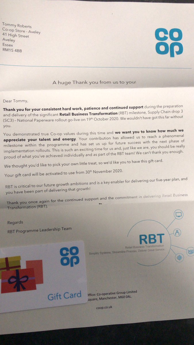 Very grateful to be recognised by @MichaelRoast and the @coopuk RBT team for lending a helping hand #onecoop