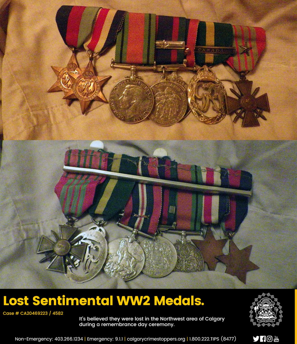 Lost Sentimental WW2 Medals.

We are sharing the following images to help locate a number of lost WW2 medals. It’s believed by the owner that they were lost in the Northwest area of #Calgary during a remembrance day ceremony.

More info - bit.ly/2JBLT4h