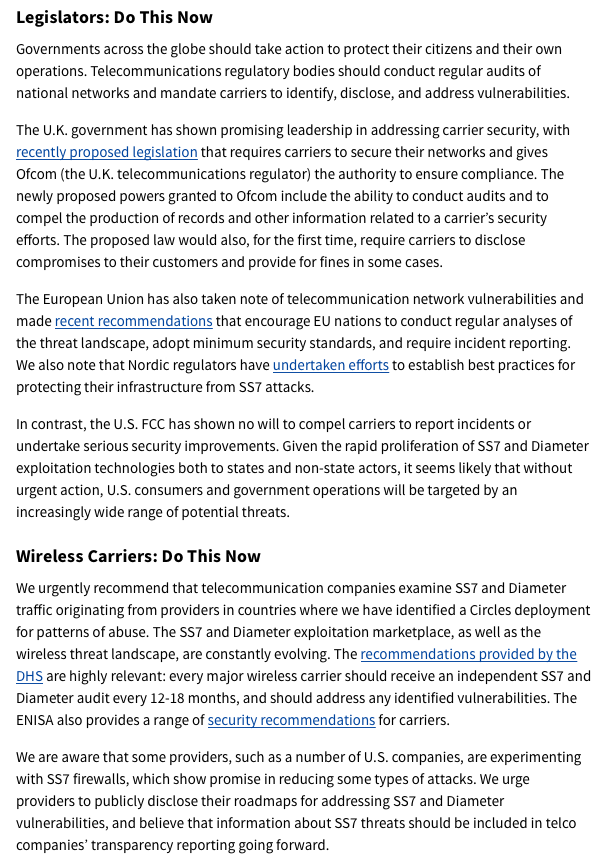 (12) To do now:-Legislators: Listen to your own experts. Require mandatory audits and notifications. -Telcos: audit every 12-18 mo for SS7 attacks. Make improvements. Don't hide behind lobbying.