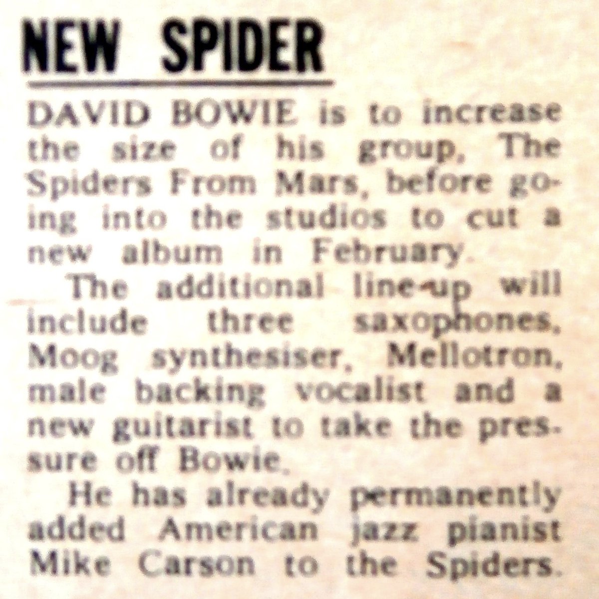 BowieTour's tweet photo. Classic newspaper clipping from way back introducing Mike as a permanent member of David’s band. We’ll stick with referring to @mikegarson with the accurate spelling of his last name, though. #abowiecelebration #justforoneday #mikecarson #mikegarson #spidersfrommars https://t.co/doL4xu7A1K