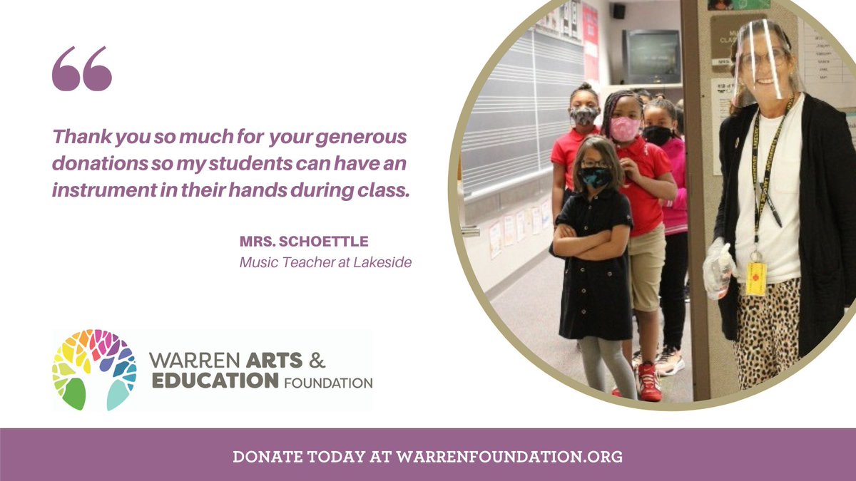 It's #GivingTuesday, and our community is investing in Warren! Thanks to generous donors, the Warren Arts &amp; Education helped fund a grant to Mrs. Schoettle <a href="/Lakeside_Lions/">Lakeside Elementary</a>! This grant will give students an exceptional learning experience with musical instruments. #WarrenWill