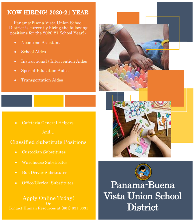 PBVUSD's tweet photo. The Panama-Buena Vista Union School District is currently hiring staff for the 2020-21 School Year.

Apply Online Today! 
https://t.co/D6bWHvaNOe https://t.co/T6zRKN5f5o