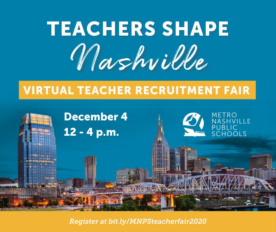 MetroSchools's tweet photo. Are you a licensed or license-eligible educator? Join us for a virtual teacher recruitment fair for certified candidates Friday, December 4. There are immediate teaching opportunities. Registration &amp; information: https://t.co/AA3WIpYFUV 

#TeamMNPS #teachers #Nashville https://t.co/dNm23QPDIX