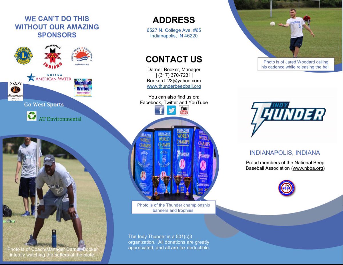 thunderbeepball's tweet photo. To those that follow Indy thunder Beep baseball here on Twitter we are asking if you would consider donating to this great sports organization the info is below in the brochure. We thank you in advance for your support on this #givingtuesday #thunderbeepball youth/adults #thanks https://t.co/D2sTQwgKSB