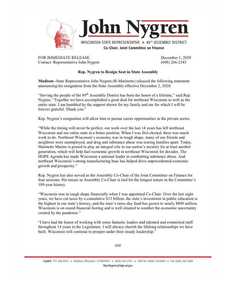 jessieopie's tweet image. Statement from @rep89, who’s been in the Legislature for 14 years, says his resignation will allow him to pursue opportunities in the private sector.