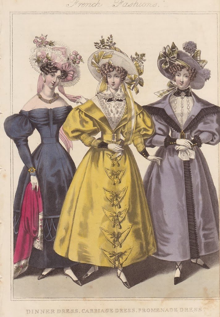 later, skirts would become more fan-shaped, and sleeves would grow to borderline absurd proportions, echoing an earlier trend in the 1830s (shown in the final image):