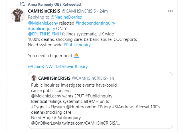 CAMHSinCRISIS's tweet photo. @AnnaKennedy1 ♥️ 
#Blessed RT's 66K followers 
#StrongerTogether 
#ASD #LD #MH #PD #ED #Undiagnosed 
Let's #MakeADifference #Savelives &amp; end #barbaric care 
@MelanieLeahy #PublicInquiry 
#BiggerBoat⛵️
Follow @AnnaKennedy1 
#MHMovement
@NadineDorries 
@DrKevinJCleary 
@ClaireCNWL https://t.co/IgfoTgQVWY