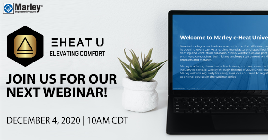 DON'T MISS OUT! Join Kyle Jason, Product Expert &amp; the MEP team this Friday (12/4) at 10am CST another Marley e-Heat University Webinar! This week’s topic is Controls. Reserve your spot &amp; register today: lnkd.in/eVrWtEJ
#technology #HVAC #heatseason #comfort #MEP