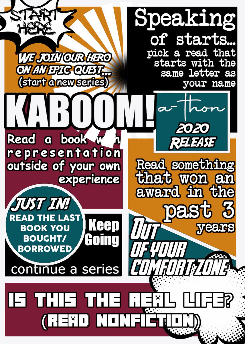 kaboomathon's tweet photo. SURPRISE It's December already &amp; we know everyone is working towards their year end reading goals! To help you along, we've made a prompt guide for all of your graphic novel/comic book needs. This round of KABOOM!athon will last from December 1st-30th. Enjoy! https://t.co/sHGHRWS6as