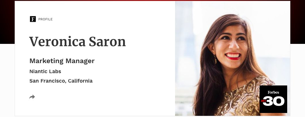 VeronicaSaron's tweet photo. A wise woman on our team once said it’s important to work w/people who believe in you more than you believe in yourself. Earlier this year, my coworkers &amp; sponsors encouraged &amp; nominated me for a list that I once thought was completely unattainable. Thank you #ForbesUnder30 🚀 https://t.co/RvZyoc8VFj