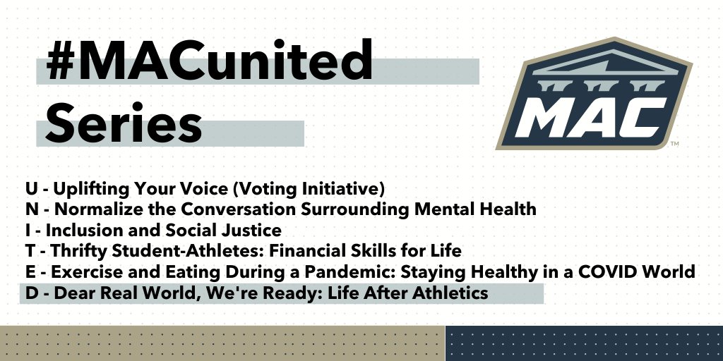 gomacsports's tweet photo. The MAC announces session six of the #MACunited series, Dear Real World, We're Ready: Life After Athletics! A panel will focus on the transition from being a student-athlete to the professional world.
๐ More info: https://t.co/QpCTjlI1zu
๐ Registration: https://t.co/xyyqI4QzDO https://t.co/cUWMIGLiTm