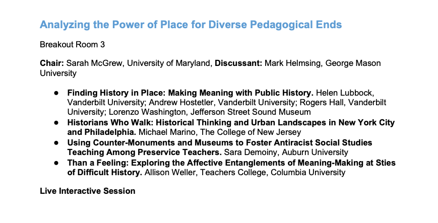 markhelmsing's tweet photo. In #CUFA20 Session 7 from 4:45-6:00 EST I'll be joined with these great presentations for a session titled "Analyzing the Power of Place for Diverse Pedagogical Ends." Join us in Breakout Room 3 if you're attending #NCSS20 today #sschat #GeoEdChat #MuseumEdChat #HistoryEdChat https://t.co/QM9tVGEyhd