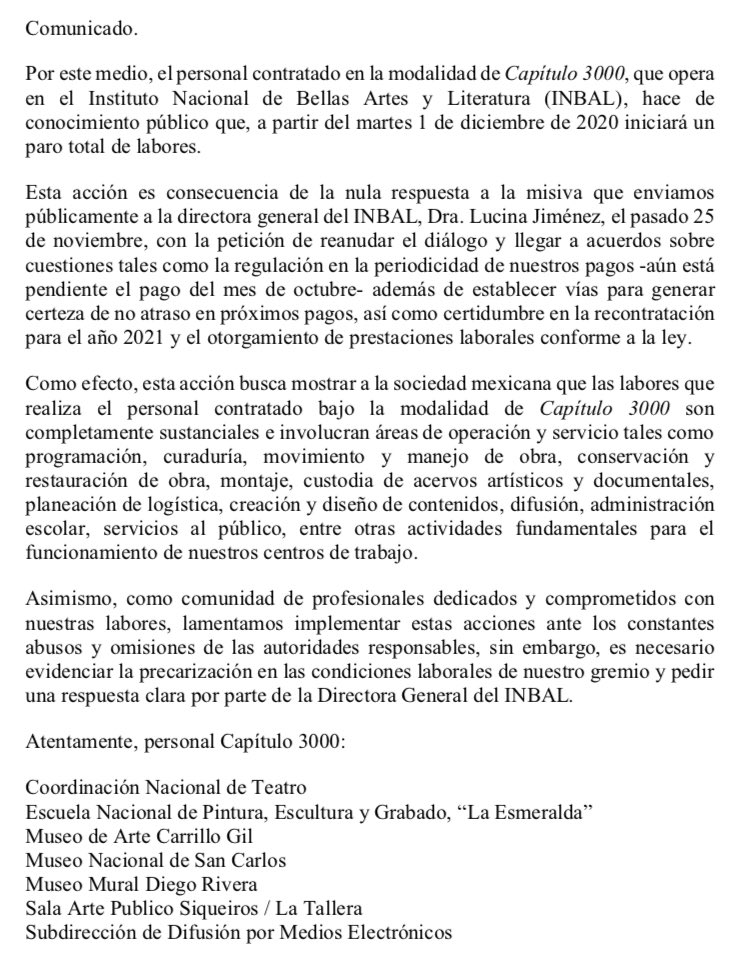 conTRATOdigno's tweet photo. Los trabajadores @capitulo_3000 de @bellasartesinba @redmuseosINBAL seguimos a la espera de nuestro pago de octubre y de la respuesta a la misiva enviada, el pasado 25 de noviembre, a nuestra directora general @LucinaJimenez Hacemos de conocimiento público lo siguiente 👇🏾 https://t.co/vJWoMAjkL0