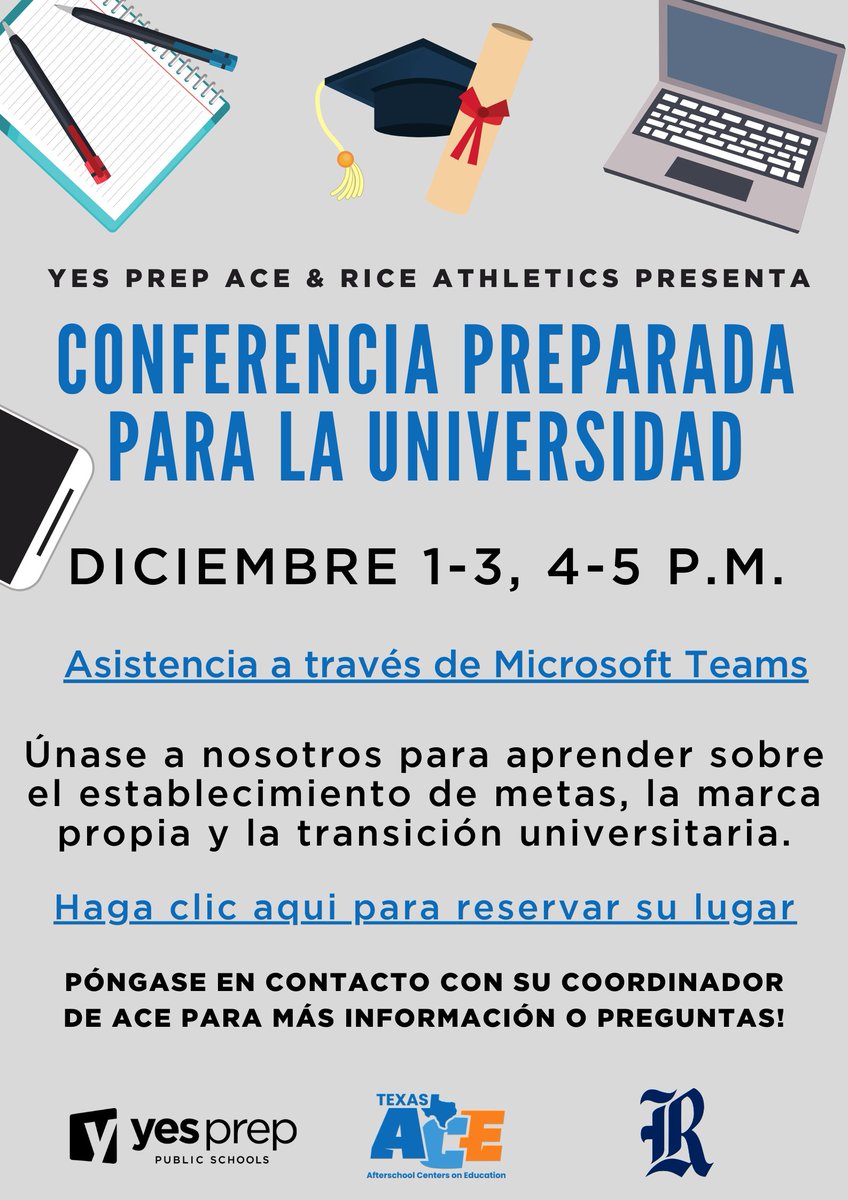 yesprepACE's tweet photo. On December 1-3 from 4-5pm, the YES Prep ACE Program will be hosting a FREE College-ready conference with Rice University Athletics.https://t.co/OUqyQX9nT7 The ACE program from Yes Prep Northside, Yes Prep West and Yes Prep Brays Oak, invite ALL YES Prep students and parents! https://t.co/GejEQNMRfq