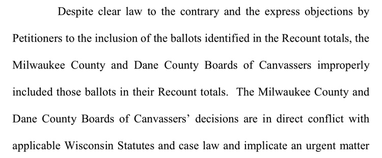 During the recount - despite petitioner objections, and in flagrant violation of Wisconsin Election Law - these votes were included in the totals.