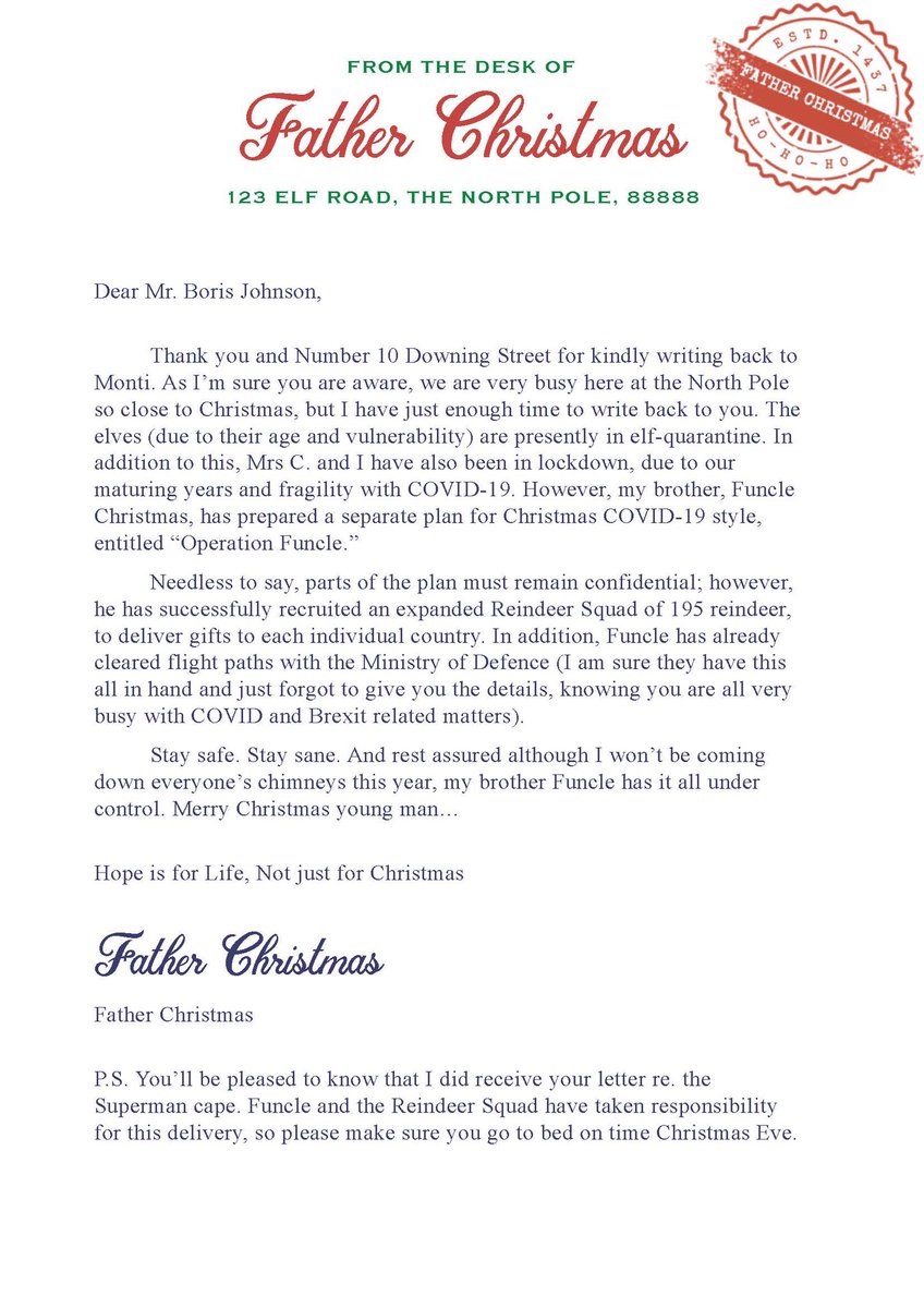 FuncleChristmas's tweet photo. @BorisJohnson Mr Johnson - apologies you must have missed this memo from my brother... @OfficialSanta https://t.co/4IRdhByPdV