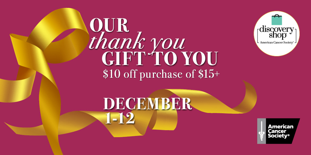 Discovery Shop Enterprise (@mydiscoveryshop) on Twitter photo We couldn't let this giving season pass w/o thanking you for shopping, donating & volunteering with <a href="/MyDiscoveryShop/">Discovery Shop Enterprise</a>! During a year when it’s been challenging to do so, you continue to advance the <a href="/AmericanCancer/">American Cancer Society</a> mission to save more lives. Find a shop: cancer.org/discovery We couldn't let this giving season pass w/o thanking you for shopping, donating & volunteering with <a href="/MyDiscoveryShop/">Discovery Shop Enterprise</a>! During a year when it’s been challenging to do so, you continue to advance the <a href="/AmericanCancer/">American Cancer Society</a> mission to save more lives. Find a shop: cancer.org/discovery