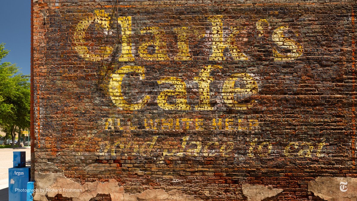 Many of the locations Frishman documented have already disappeared. The painted sign for Clark’s Cafe in Huntington, Oregon, which trumpeted “ALL WHITE HELP,” was destroyed shortly after he photographed it.  https://nyti.ms/2KXixOJ&nbsp;