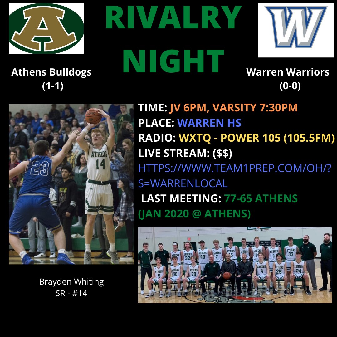 ACSD_Athletics's tweet photo. Rivalry Night!!

@Athens_Bulldogs (1-1) @ Warren (0-0)

JV 6pm , Varsity 7:30ish

Catch the game on the following platforms:

💻 ($$) https://t.co/MEa80ZzfVI

📻WXTQ Power 105 (105.5fm) (@WATHWXTQSports)

📱In-game Updates on Twitter 

#AthensBulldogs #AthensBasketball https://t.co/M7uqzIJqD8