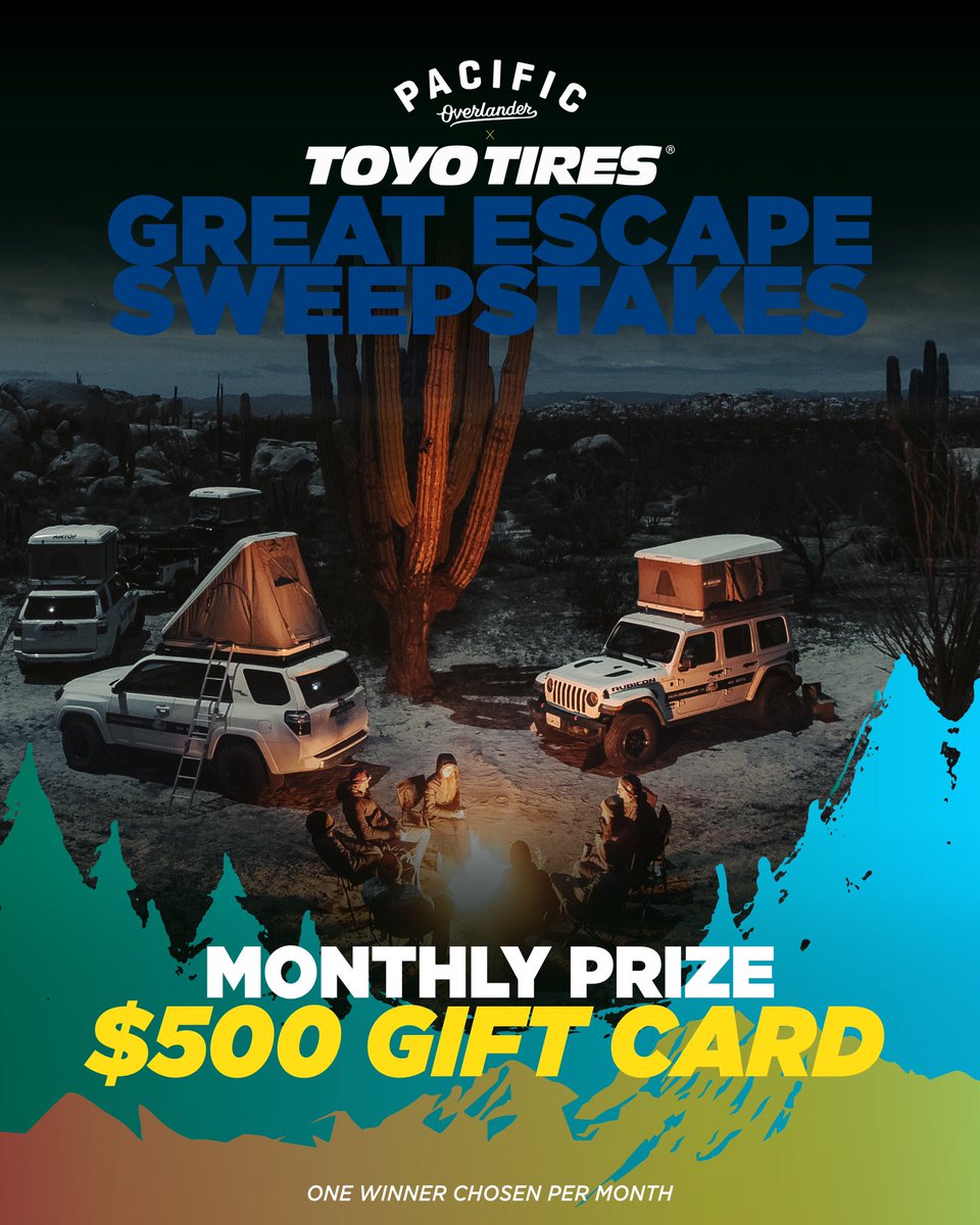 Who wants to win a Grand Canyon overlanding experience or a $500 gift card? Now’s your chance! Enter at https://t.co/UEm1wmhzv7. Enter the Toyo Tires Great Escape Sweepstakes for the chance to win the grand prize. 4-days / 3-nights in the Grand Canyon w/ @PacOverlander! https://t.co/d5neAcXrlJ