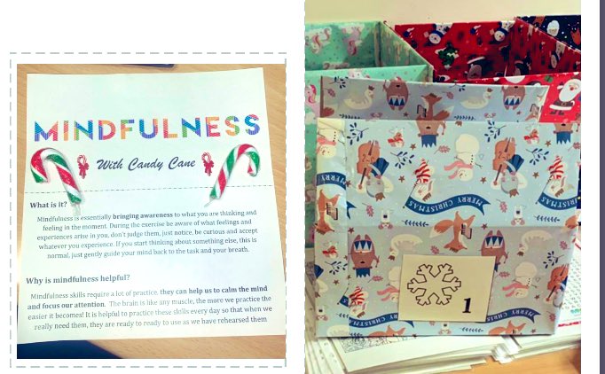 1st of December; the start of @GrasmereUnit Advent Calendar 🎁  every day will have a box with a different filling for example;  mindfulness, relaxation, DBT skills or fun things! ⭐️ Day 1. Mindfulness with a candy cane! #PBS #selfcare #copingmechanisms @Safewards @NWBoroughsNHS