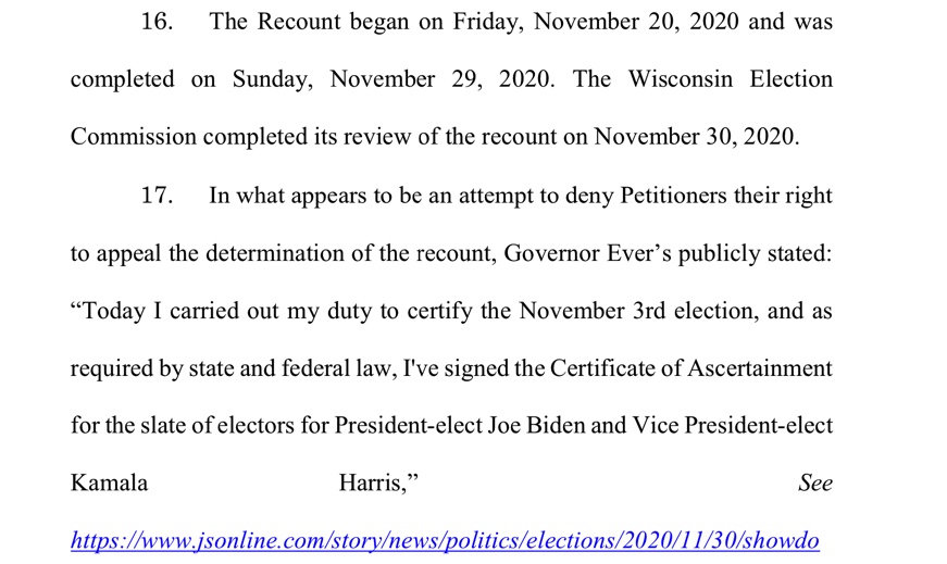 Under Wisconsin Law, Petitioners have 5 days to appeal the results of a recount.  @GovEvers denied them that right by Certifying the results shortly after the recount ended.