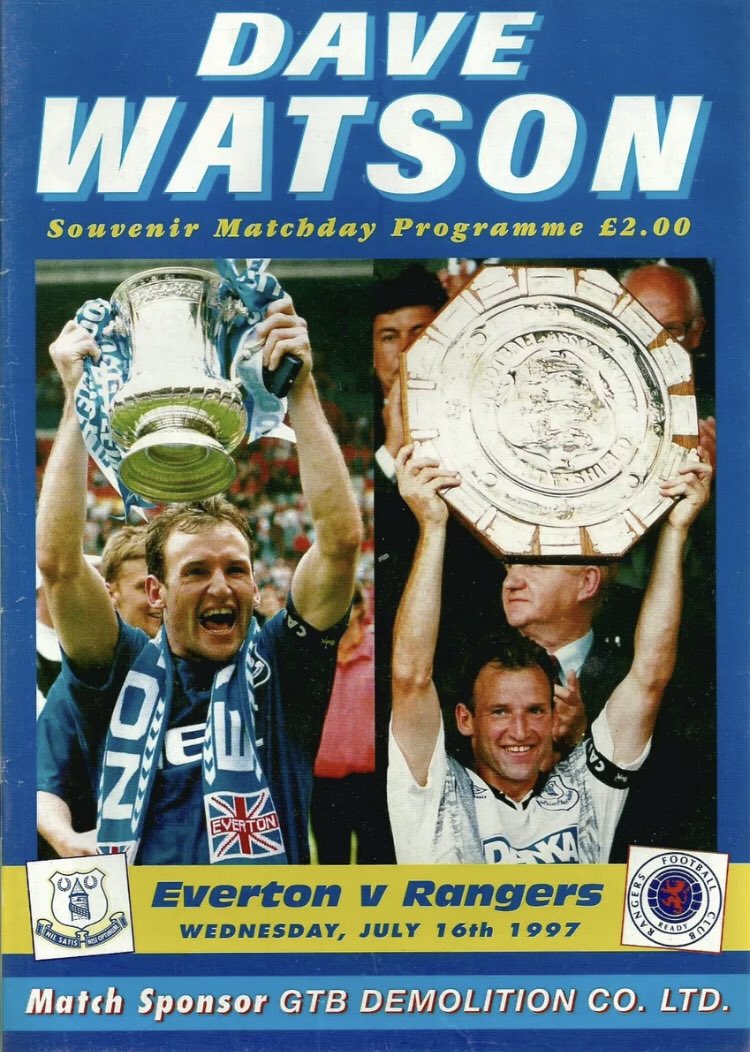 #163 Everton 3-2 Glasgow Rangers -Jul 16, 1997. Howard Kendall had returned to EFC as manager for a third spell. His first match in charge was Dave Watson’s testimonial match where EFC faced Glasgow Rangers. EFC won 3-2 with goals from Nick Barmby, Michael Branch & Graham Stuart.