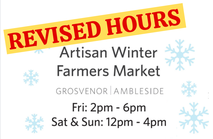 Artisan Winter #FarmersMarket
REVISED HOURS:
Fri: 2 pm to 6 pm
Sat &amp; Sun: 12 pm to 4 pm
to Dec 20
#WestVancouver
See ArtisanMarkets.ca for maps, vendor lists, more!
#BCAFM #bcbuylocal #ediblevancouver #bctastesbetter #yvrprep #eatdrinkbuybc #HolidayMarkets #WinterMarkets