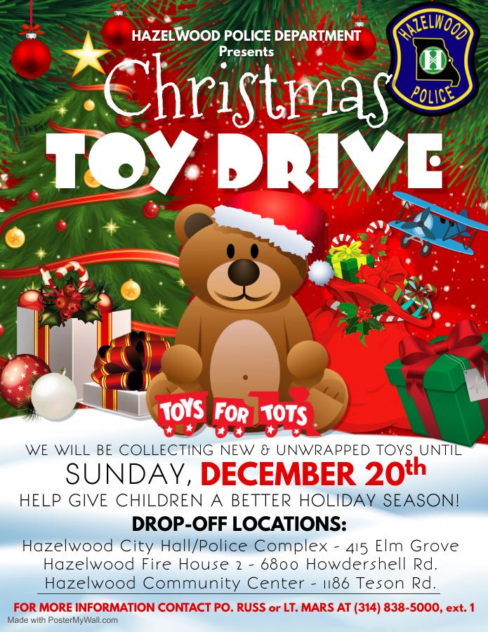 HazelwoodPD's tweet photo. It's official. We've been challenged again by the Florissant Police Department, only this year it's a toy drive!

The Hazelwood Police Department is collecting new/unwrapped toys in an effort to give children a better holiday season. All donations will benefit Toys for Tots.. https://t.co/cjEjpV2qFO