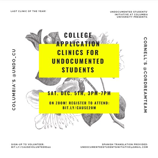 undo_cu's tweet photo. REMINDER: ‼️Our LAST College Access for Undocumented Students’ Education (CAUSE) clinic of the year will be happening on Dec. 5th‼️

This clinic is geared towards supporting NY and CA undocumented students applying to college (undergrad).

Time: 3pm-7pm EST / 12pm-4pm PST
(1/2) https://t.co/j2bF4uGg0Y