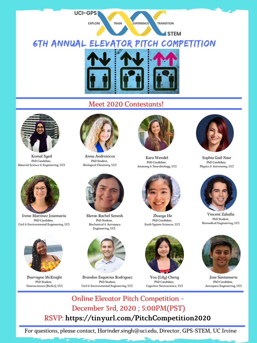 UCI ESS (@uciess) on Twitter photo The @BiomedGps Elevator Pitch Competition is Thurs at 5 pm PT 
Come support Zhuoya He as she and 11 other PhD students share their passion for science and effective ways to engage scientists, non-scientists, community members, and industry professionals!
buff.ly/363TtgQ The @BiomedGps Elevator Pitch Competition is Thurs at 5 pm PT 
Come support Zhuoya He as she and 11 other PhD students share their passion for science and effective ways to engage scientists, non-scientists, community members, and industry professionals!
buff.ly/363TtgQ
