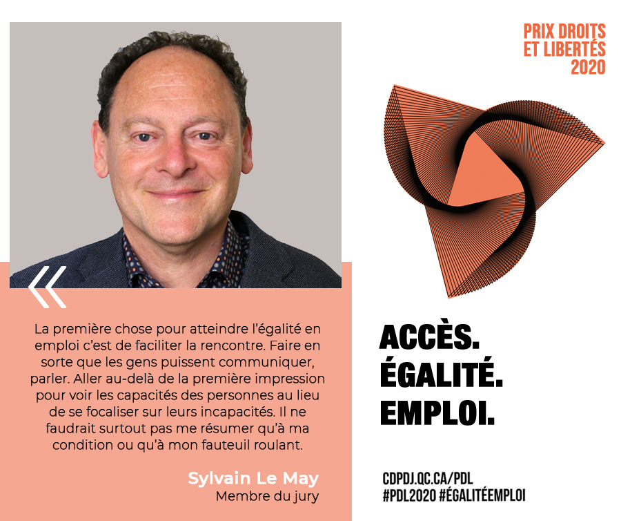 CDPDJ1's tweet photo. Sylvain Le May est membre du jury #PDL2020
Il a consacré sa vie pour défendre les droits des personnes ayant 1 #handicap pour améliorer leur quotidien au travail et dans les communautés

Appel à candidatures pour le Prix #DroitsEtLibertés
➡️https://t.co/7hcM3oT8IE

#ÉgalitéEmploi https://t.co/LERErv4tBz